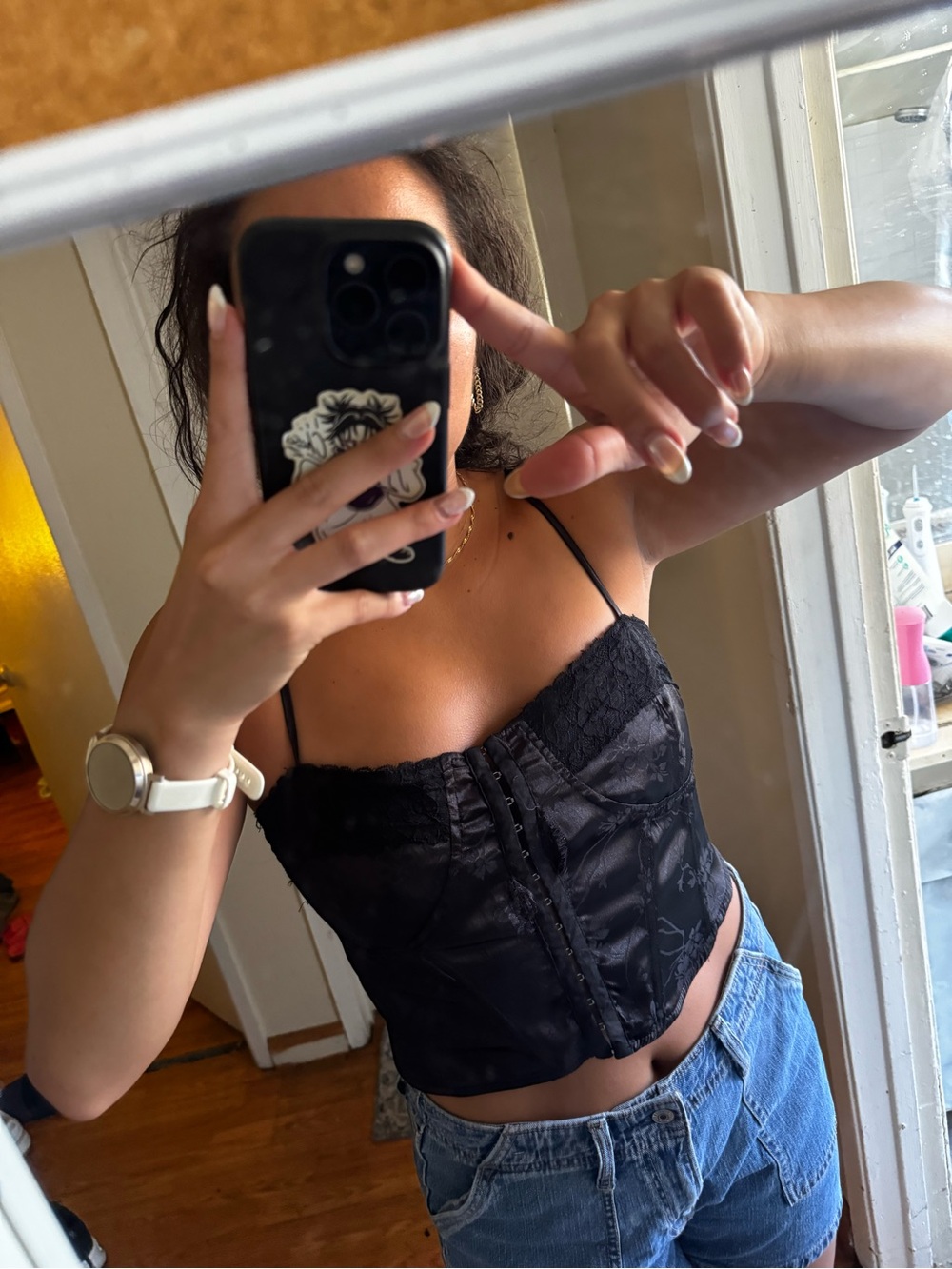 La Hearts Black Satin Lace-Trim Corset Cami